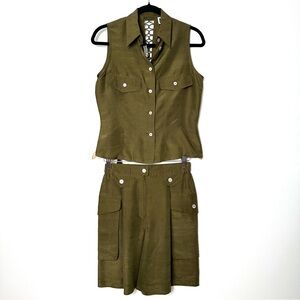 Vintage Army Green 100% Silk Western Boho Sleeveless High Waisted Co-Ord Set